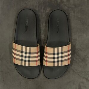 Burberry Beige Nova Check Slide Sandals with Black Footbed
